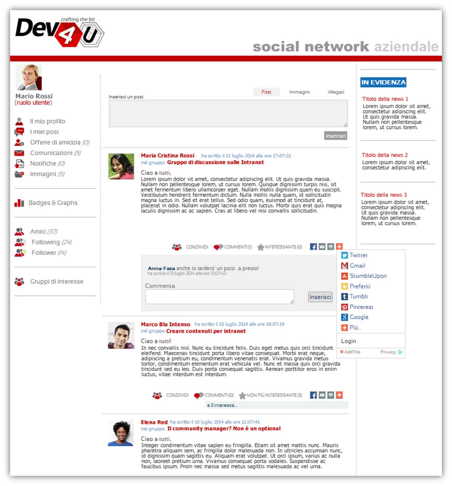 social network aziendale, piattaforma social, dev4u